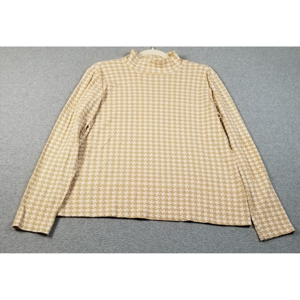 Croft & Barrow Top Women's M Medium Tan White Houndstooth Mock Neck Long Sleeves